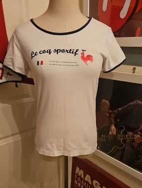 Le Coq Sportif White Tee with Navy Trim and Red Logo
